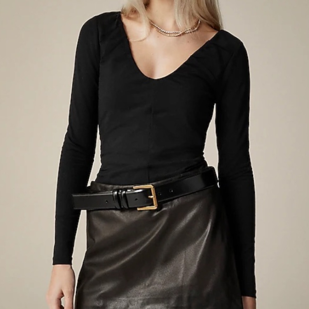 NWT J Crew Black Stretch cotton-blend ruched V-neck top Size M